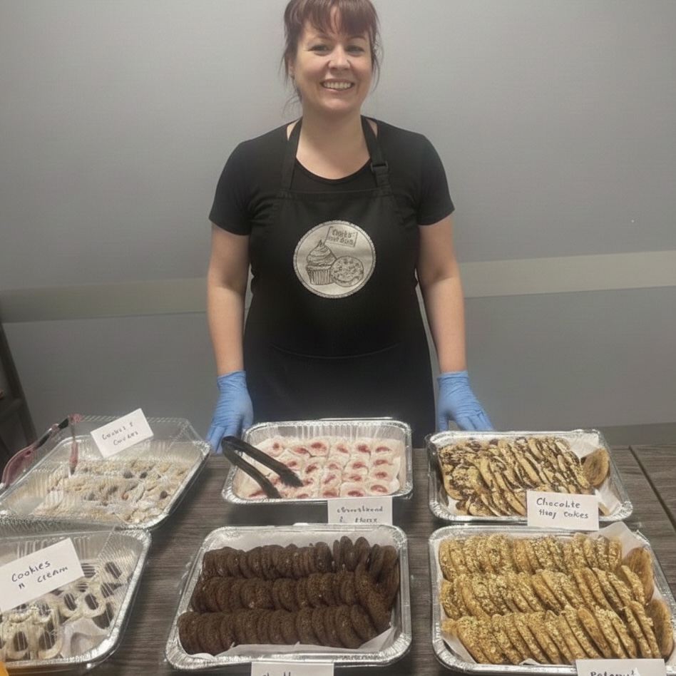Mel standing behind a table of fresh homemade cookies and baked goods